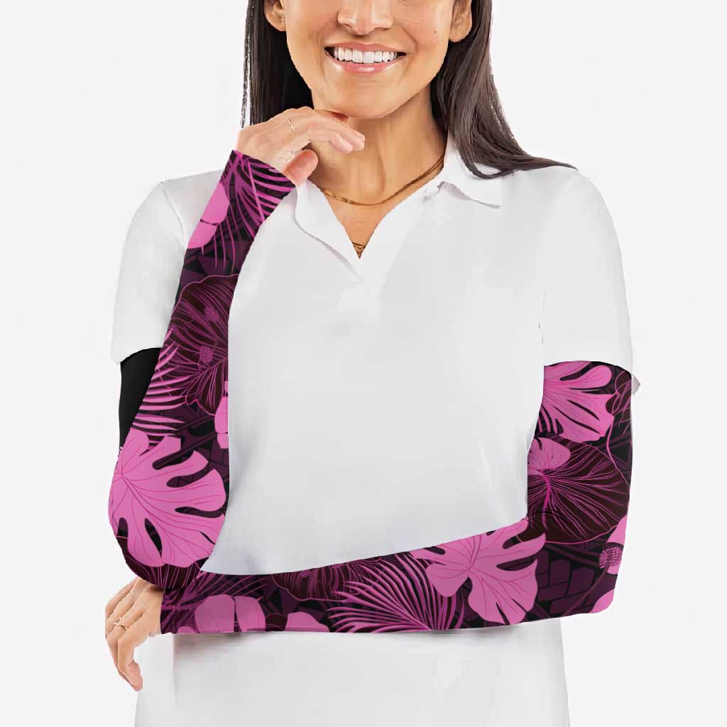Pink Hawaii Kukui Nut Lei Arm Sleeves Hawaiian Pattern Monstera Tropical Vibes - Polynesian Pride