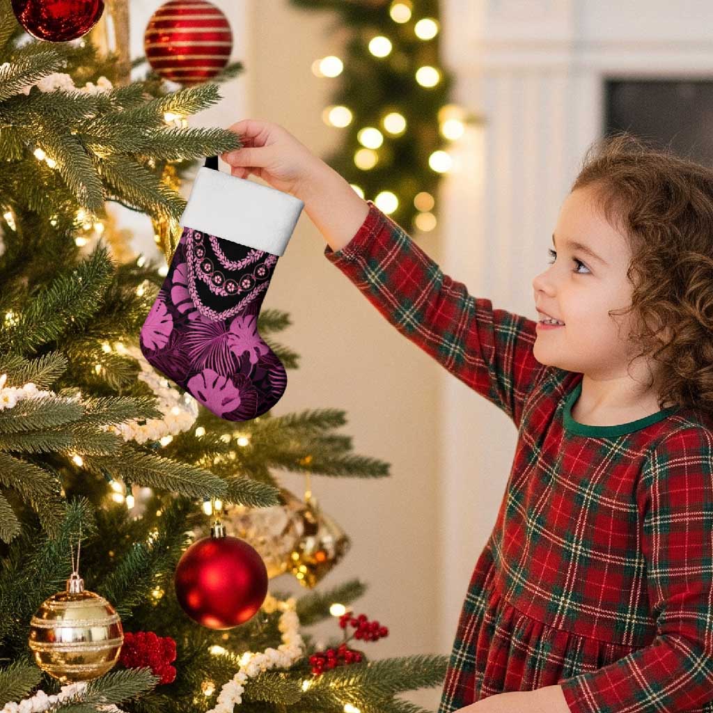 Pink Hawaii Kukui Nut Lei Christmas Stocking Hawaiian Pattern Monstera Tropical Vibes - Polynesian Pride