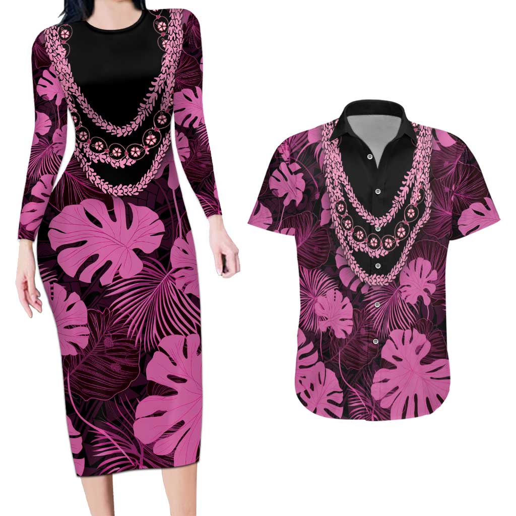 Pink Hawaii Kukui Nut Lei Couples Matching Long Sleeve Bodycon Dress and Hawaiian Shirt Hawaiian Pattern Monstera Tropical Vibes LT14 Pink - Polynesian Pride