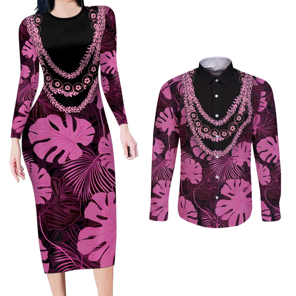 Pink Hawaii Kukui Nut Lei Couples Matching Long Sleeve Bodycon Dress and Long Sleeve Button Shirt Hawaiian Pattern Monstera Tropical Vibes LT14 Pink - Polynesian Pride