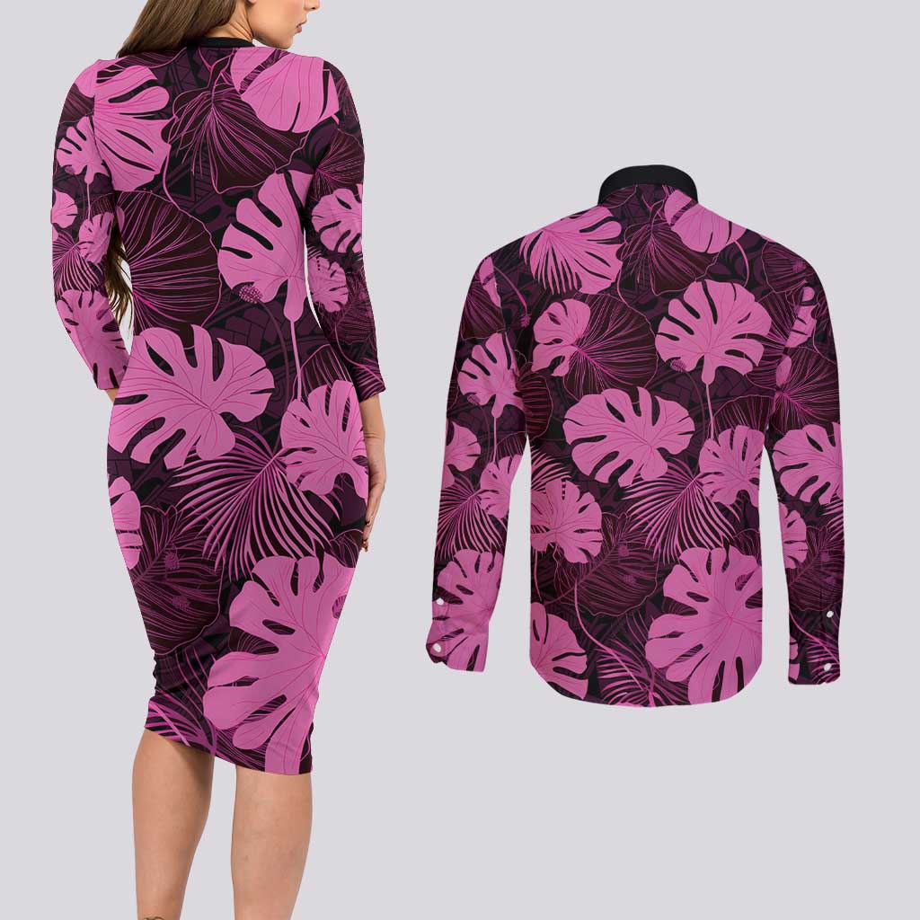Pink Hawaii Kukui Nut Lei Couples Matching Long Sleeve Bodycon Dress and Long Sleeve Button Shirt Hawaiian Pattern Monstera Tropical Vibes LT14 - Polynesian Pride