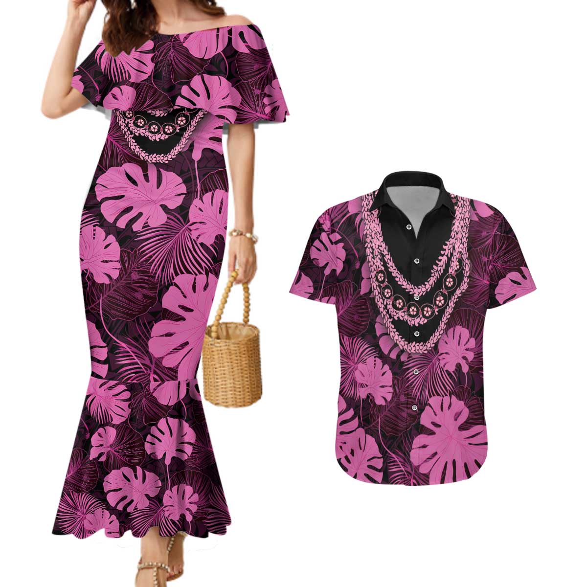Pink Hawaii Kukui Nut Lei Couples Matching Mermaid Dress and Hawaiian Shirt Hawaiian Pattern Monstera Tropical Vibes LT14 Pink - Polynesian Pride