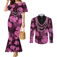 Pink Hawaii Kukui Nut Lei Couples Matching Mermaid Dress and Long Sleeve Button Shirt Hawaiian Pattern Monstera Tropical Vibes LT14 Pink - Polynesian Pride