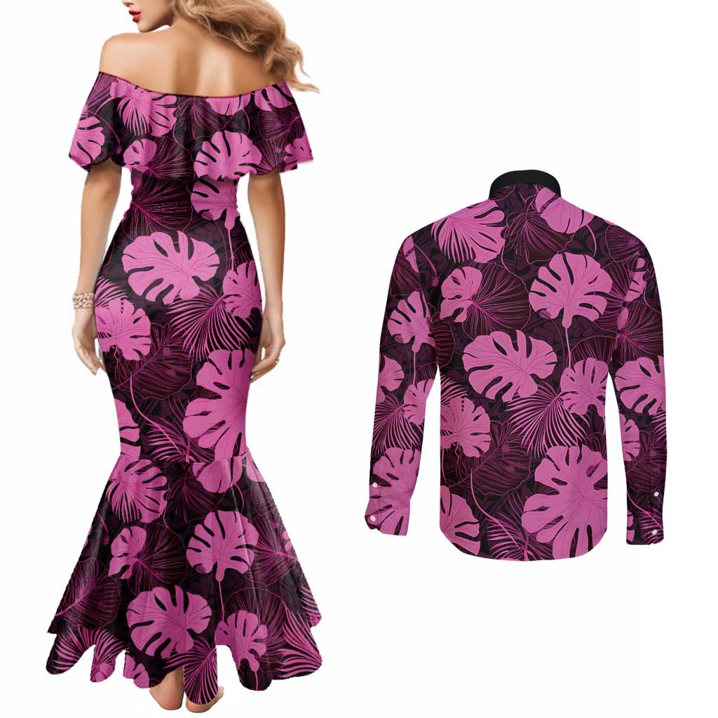 Pink Hawaii Kukui Nut Lei Couples Matching Mermaid Dress and Long Sleeve Button Shirt Hawaiian Pattern Monstera Tropical Vibes LT14 - Polynesian Pride