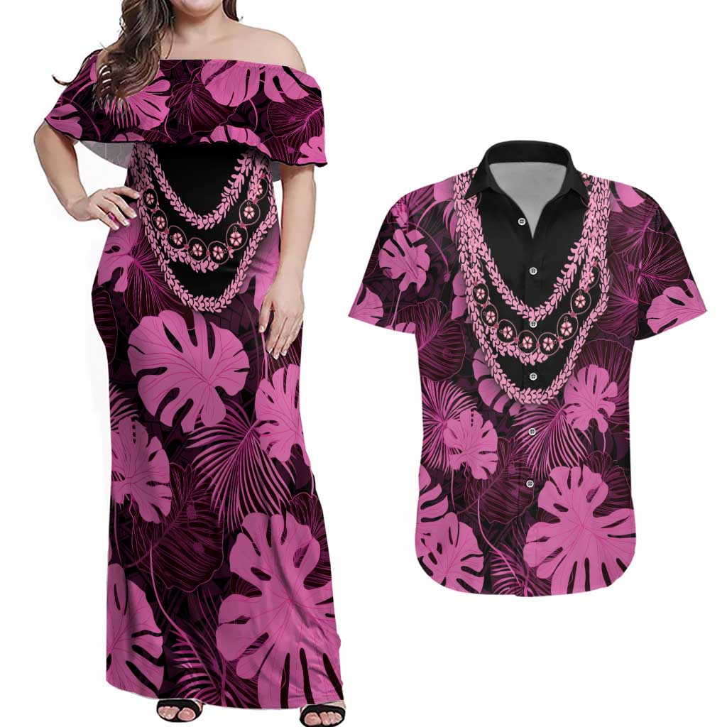 Pink Hawaii Kukui Nut Lei Couples Matching Off Shoulder Maxi Dress and Hawaiian Shirt Hawaiian Pattern Monstera Tropical Vibes LT14 Pink - Polynesian Pride