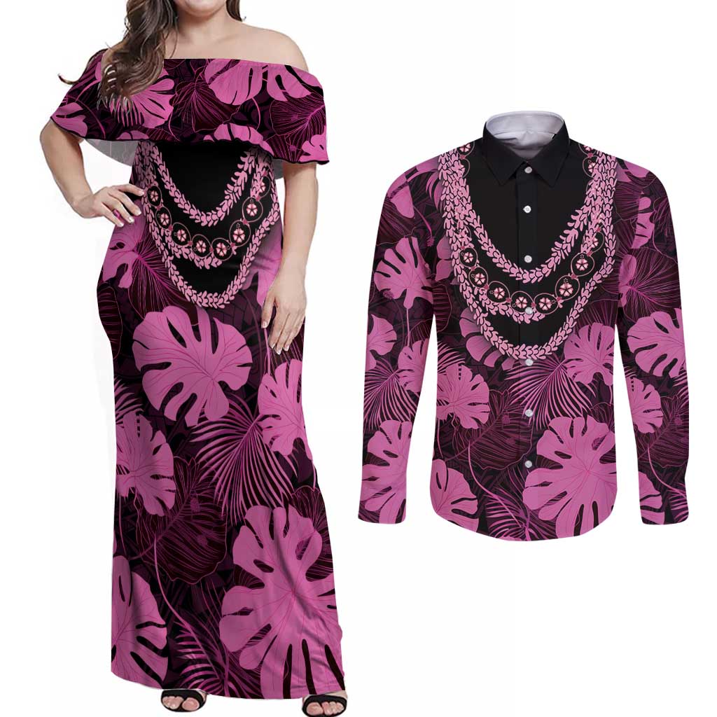 Pink Hawaii Kukui Nut Lei Couples Matching Off Shoulder Maxi Dress and Long Sleeve Button Shirt Hawaiian Pattern Monstera Tropical Vibes - Polynesian Pride