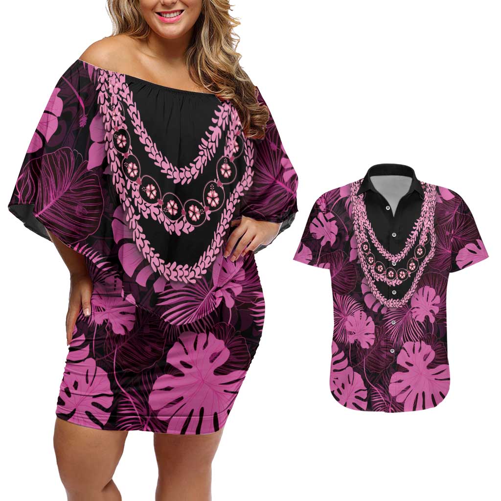 Pink Hawaii Kukui Nut Lei Couples Matching Off Shoulder Short Dress and Hawaiian Shirt Hawaiian Pattern Monstera Tropical Vibes LT14 Pink - Polynesian Pride