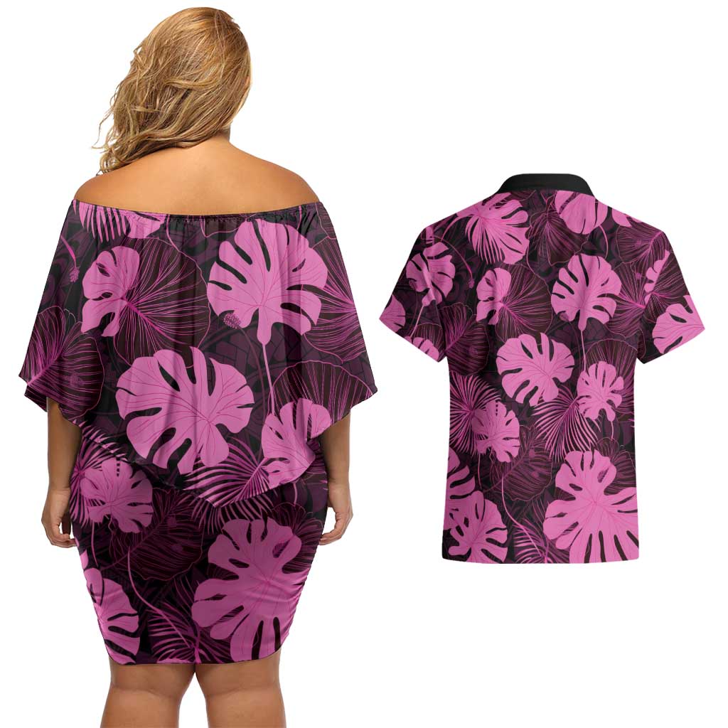 Pink Hawaii Kukui Nut Lei Couples Matching Off Shoulder Short Dress and Hawaiian Shirt Hawaiian Pattern Monstera Tropical Vibes LT14 - Polynesian Pride