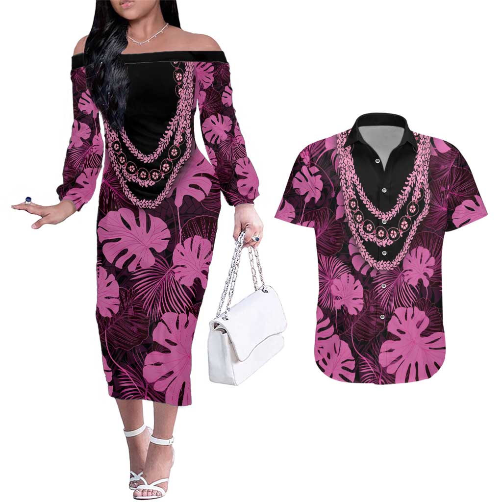 Pink Hawaii Kukui Nut Lei Couples Matching Off The Shoulder Long Sleeve Dress and Hawaiian Shirt Hawaiian Pattern Monstera Tropical Vibes LT14 Pink - Polynesian Pride