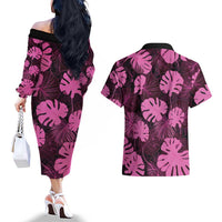Pink Hawaii Kukui Nut Lei Couples Matching Off The Shoulder Long Sleeve Dress and Hawaiian Shirt Hawaiian Pattern Monstera Tropical Vibes LT14 - Polynesian Pride