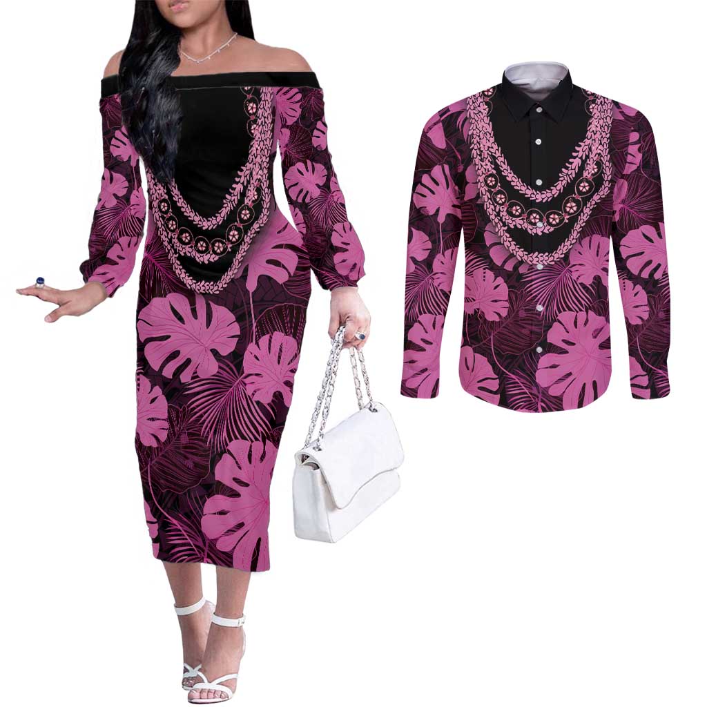 Pink Hawaii Kukui Nut Lei Couples Matching Off The Shoulder Long Sleeve Dress and Long Sleeve Button Shirt Hawaiian Pattern Monstera Tropical Vibes LT14 Pink - Polynesian Pride