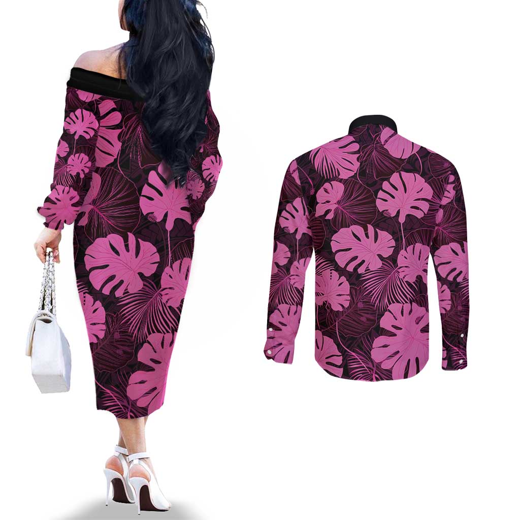 Pink Hawaii Kukui Nut Lei Couples Matching Off The Shoulder Long Sleeve Dress and Long Sleeve Button Shirt Hawaiian Pattern Monstera Tropical Vibes LT14 - Polynesian Pride