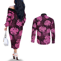 Pink Hawaii Kukui Nut Lei Couples Matching Off The Shoulder Long Sleeve Dress and Long Sleeve Button Shirt Hawaiian Pattern Monstera Tropical Vibes LT14 - Polynesian Pride
