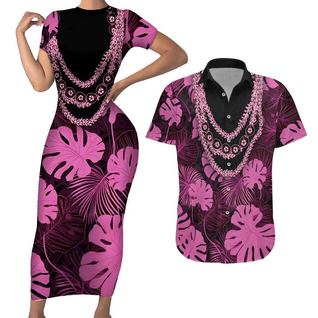 Pink Hawaii Kukui Nut Lei Couples Matching Short Sleeve Bodycon Dress and Hawaiian Shirt Hawaiian Pattern Monstera Tropical Vibes LT14 Pink - Polynesian Pride