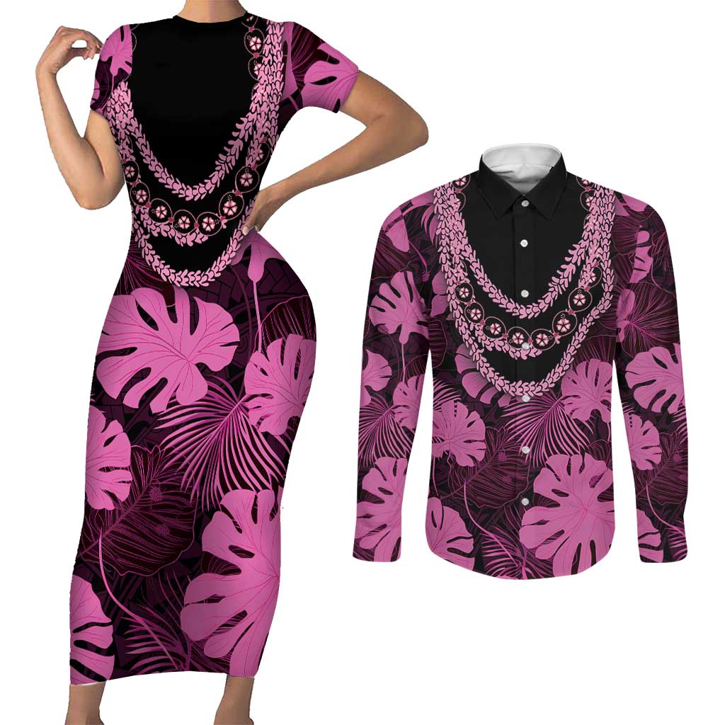Pink Hawaii Kukui Nut Lei Couples Matching Short Sleeve Bodycon Dress and Long Sleeve Button Shirt Hawaiian Pattern Monstera Tropical Vibes - Polynesian Pride