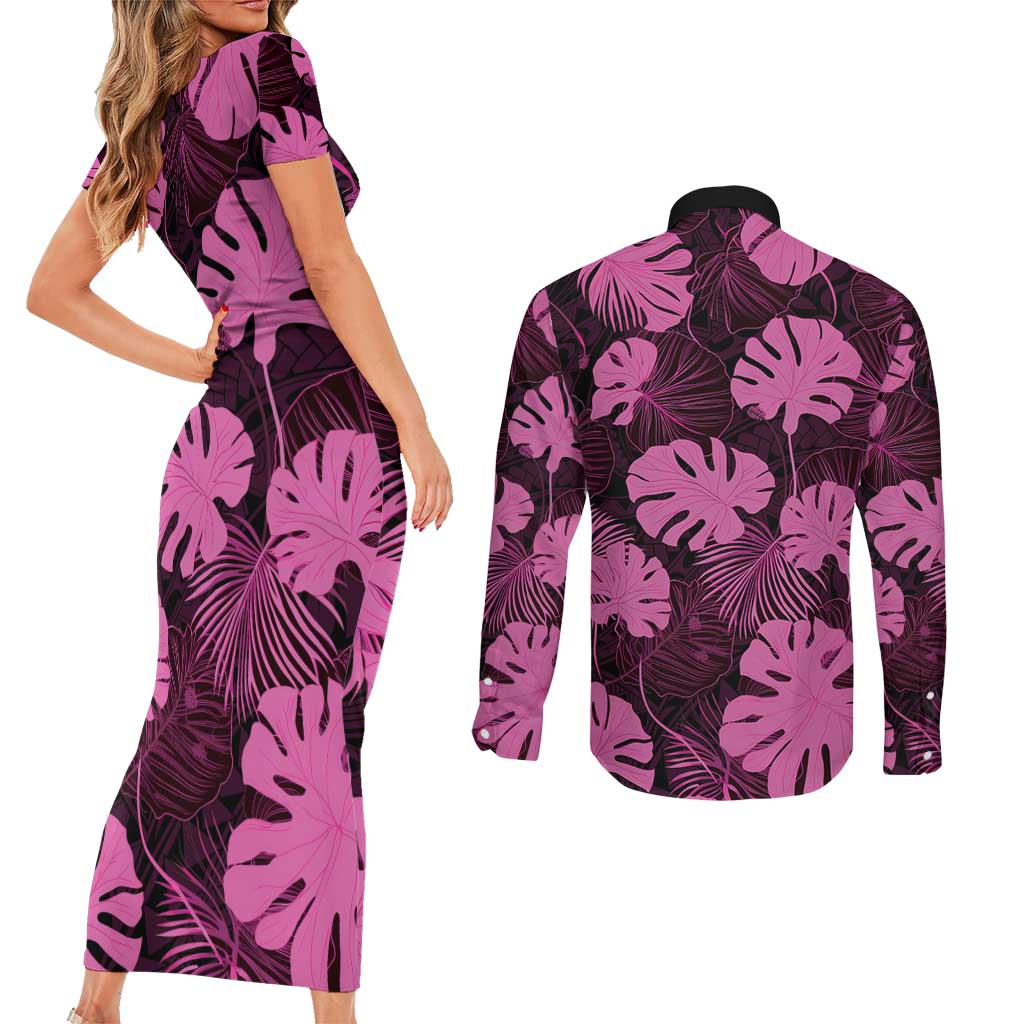 Pink Hawaii Kukui Nut Lei Couples Matching Short Sleeve Bodycon Dress and Long Sleeve Button Shirt Hawaiian Pattern Monstera Tropical Vibes LT14 - Polynesian Pride