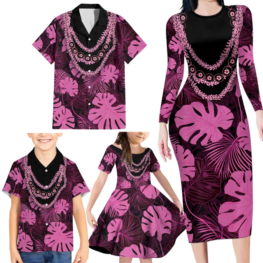 Pink Hawaii Kukui Nut Lei Family Matching Long Sleeve Bodycon Dress and Hawaiian Shirt Hawaiian Pattern Monstera Tropical Vibes LT14 - Polynesian Pride