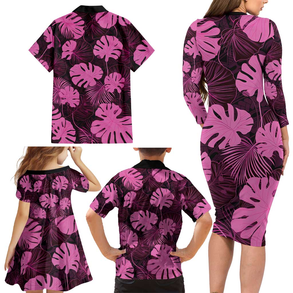 Pink Hawaii Kukui Nut Lei Family Matching Long Sleeve Bodycon Dress and Hawaiian Shirt Hawaiian Pattern Monstera Tropical Vibes LT14 - Polynesian Pride