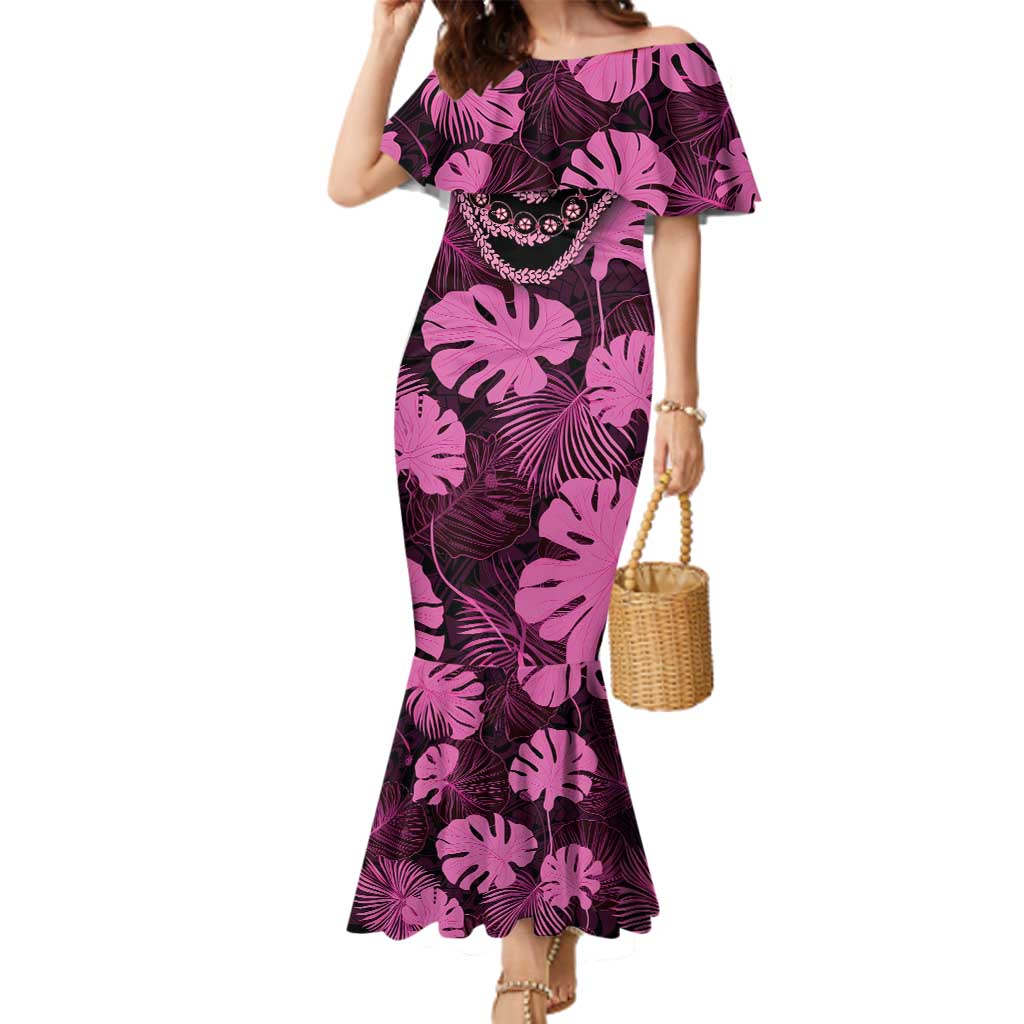 Pink Hawaii Kukui Nut Lei Family Matching Mermaid Dress and Hawaiian Shirt Hawaiian Pattern Monstera Tropical Vibes LT14 Mom's Dress Pink - Polynesian Pride