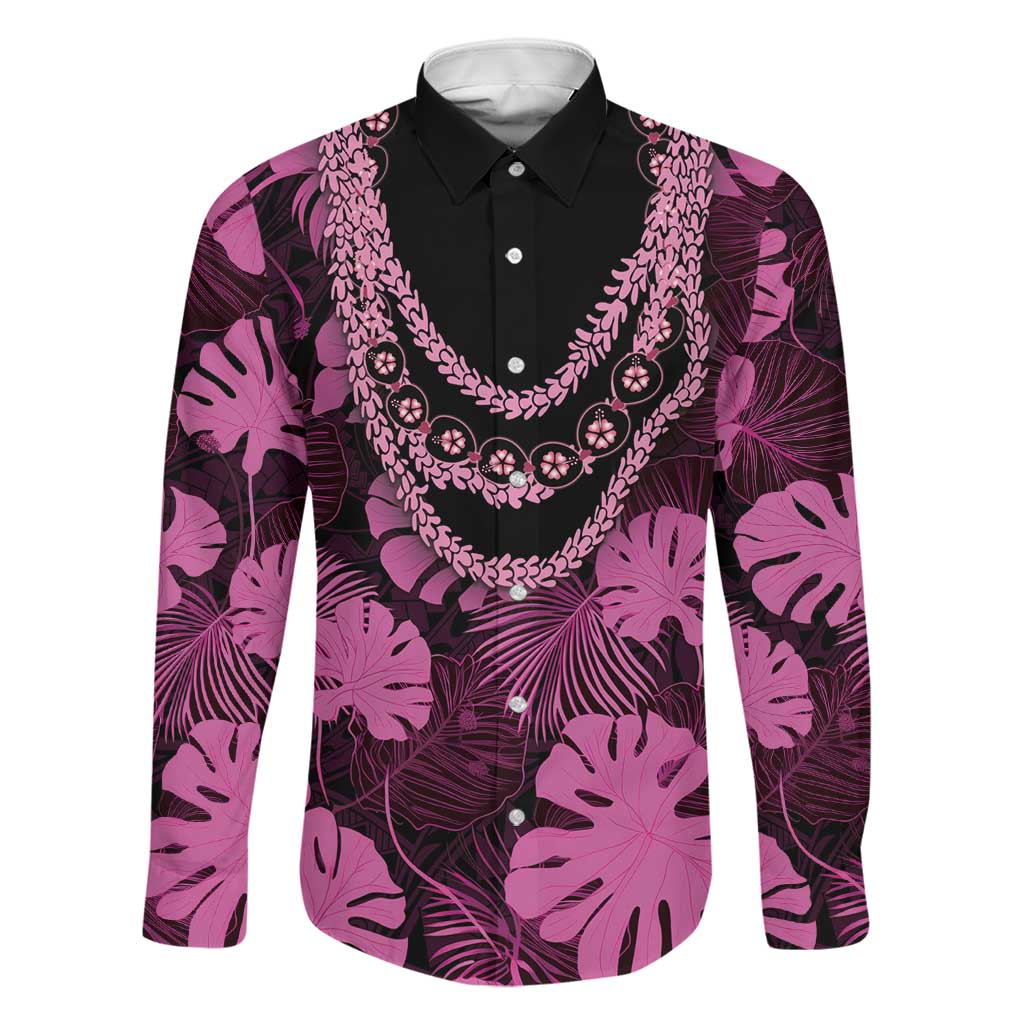 Pink Hawaii Kukui Nut Lei Family Matching Off Shoulder Maxi Dress and Hawaiian Shirt Hawaiian Pattern Monstera Tropical Vibes LT14 Dad's Shirt - Long Sleeve Pink - Polynesian Pride