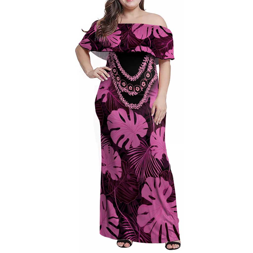 Pink Hawaii Kukui Nut Lei Family Matching Off Shoulder Maxi Dress and Hawaiian Shirt Hawaiian Pattern Monstera Tropical Vibes LT14 Mom's Dress Pink - Polynesian Pride