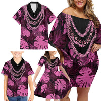 Pink Hawaii Kukui Nut Lei Family Matching Off Shoulder Short Dress and Hawaiian Shirt Hawaiian Pattern Monstera Tropical Vibes LT14 - Polynesian Pride