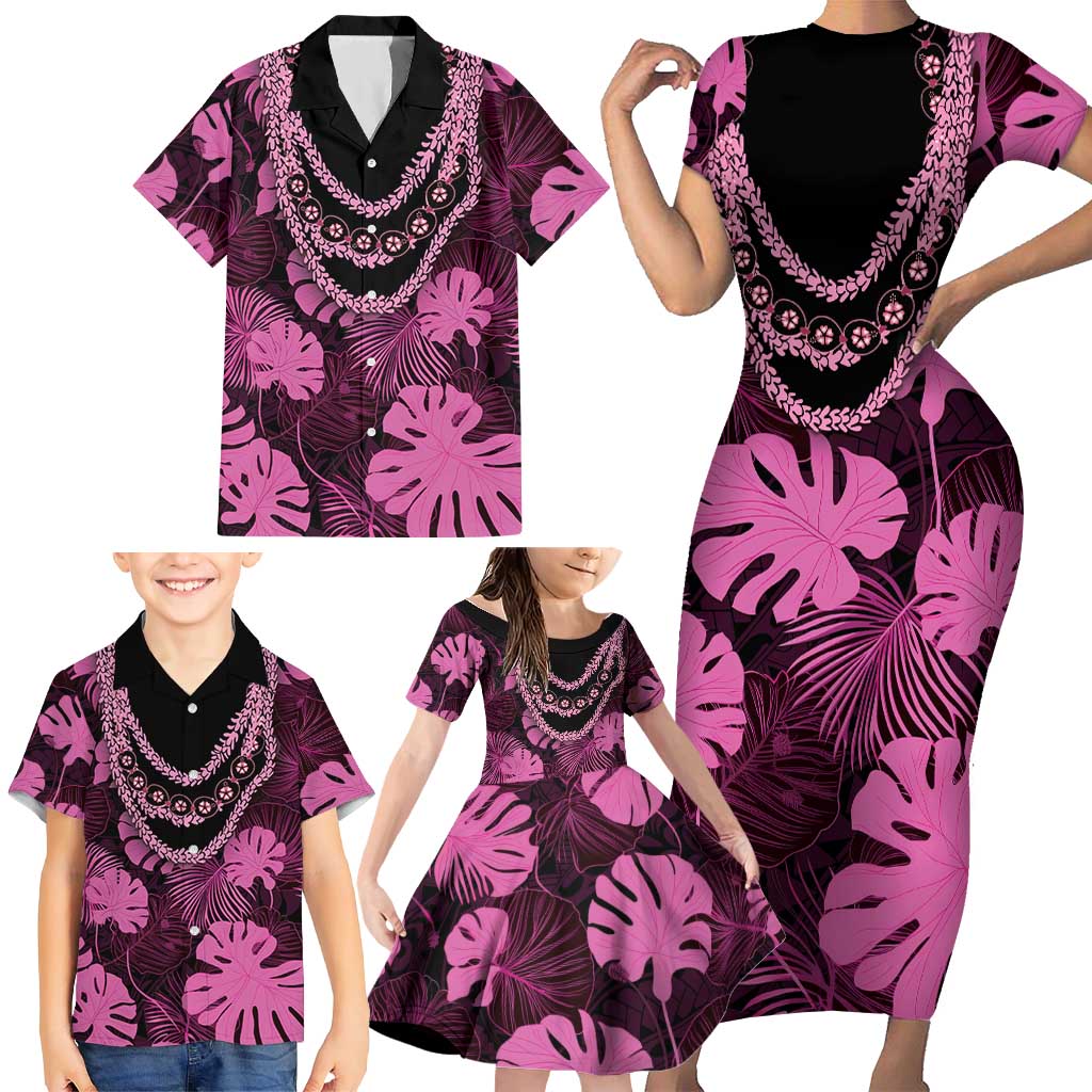 Pink Hawaii Kukui Nut Lei Family Matching Short Sleeve Bodycon Dress and Hawaiian Shirt Hawaiian Pattern Monstera Tropical Vibes - Polynesian Pride