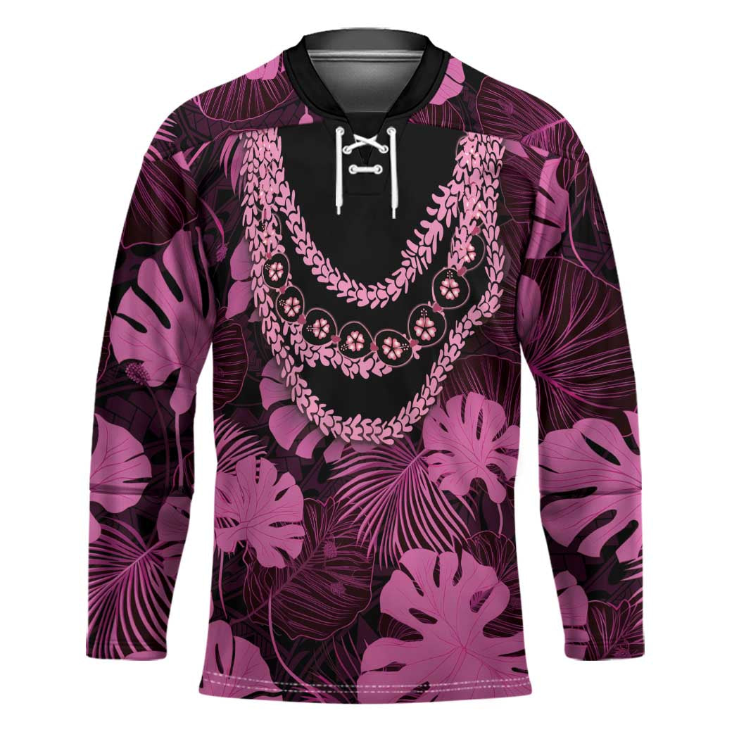 Pink Hawaii Kukui Nut Lei Hockey Jersey Hawaiian Pattern Monstera Tropical Vibes - Polynesian Pride