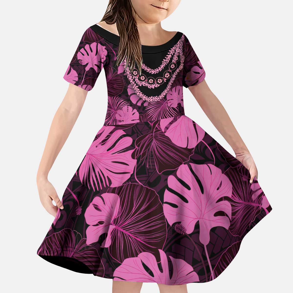 Pink Hawaii Kukui Nut Lei Kid Short Sleeve Dress Hawaiian Pattern Monstera Tropical Vibes - Polynesian Pride