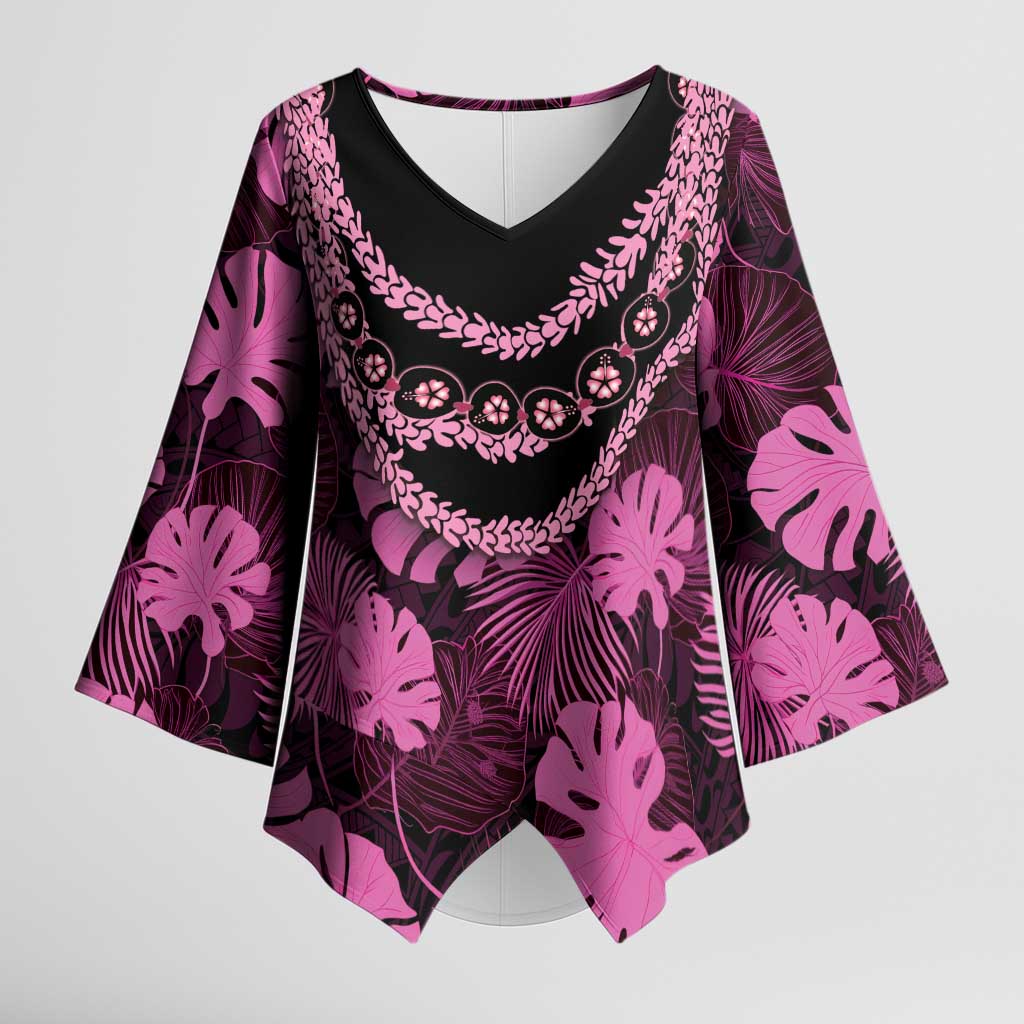 Pink Hawaii Kukui Nut Lei Kimono Sleeve Blouse Hawaiian Pattern Monstera Tropical Vibes - Polynesian Pride