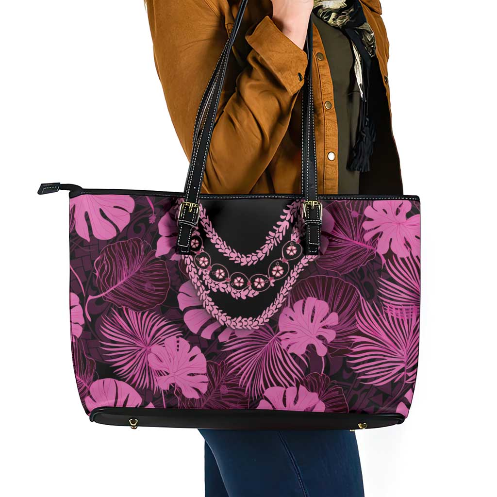 Pink Hawaii Kukui Nut Lei Leather Tote Bag Hawaiian Pattern Monstera Tropical Vibes - Polynesian Pride