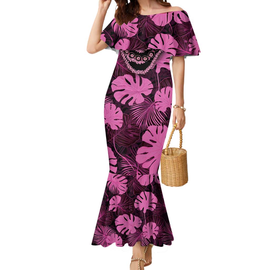 Pink Hawaii Kukui Nut Lei Mermaid Dress Hawaiian Pattern Monstera Tropical Vibes - Polynesian Pride