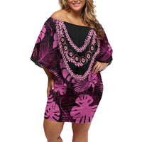 Pink Hawaii Kukui Nut Lei Off Shoulder Short Dress Hawaiian Pattern Monstera Tropical Vibes - Polynesian Pride