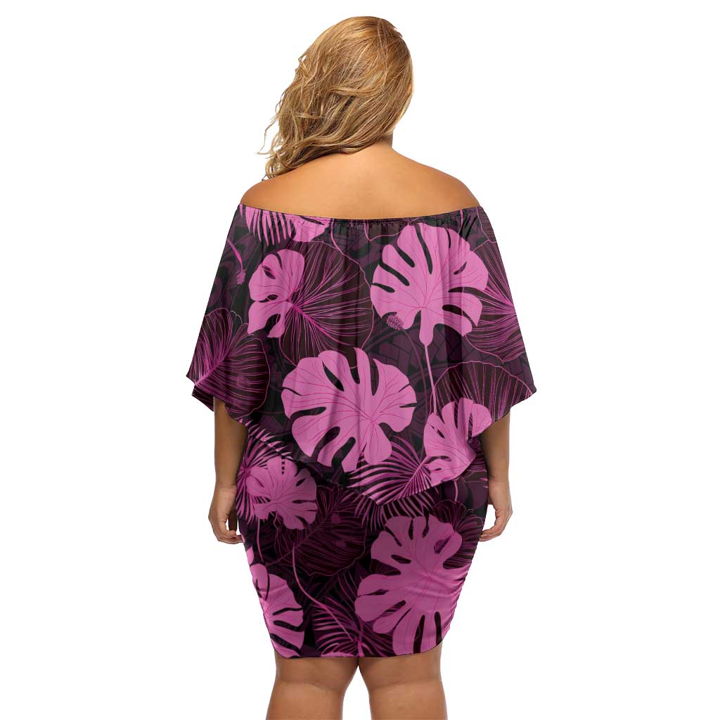 Pink Hawaii Kukui Nut Lei Off Shoulder Short Dress Hawaiian Pattern Monstera Tropical Vibes - Polynesian Pride