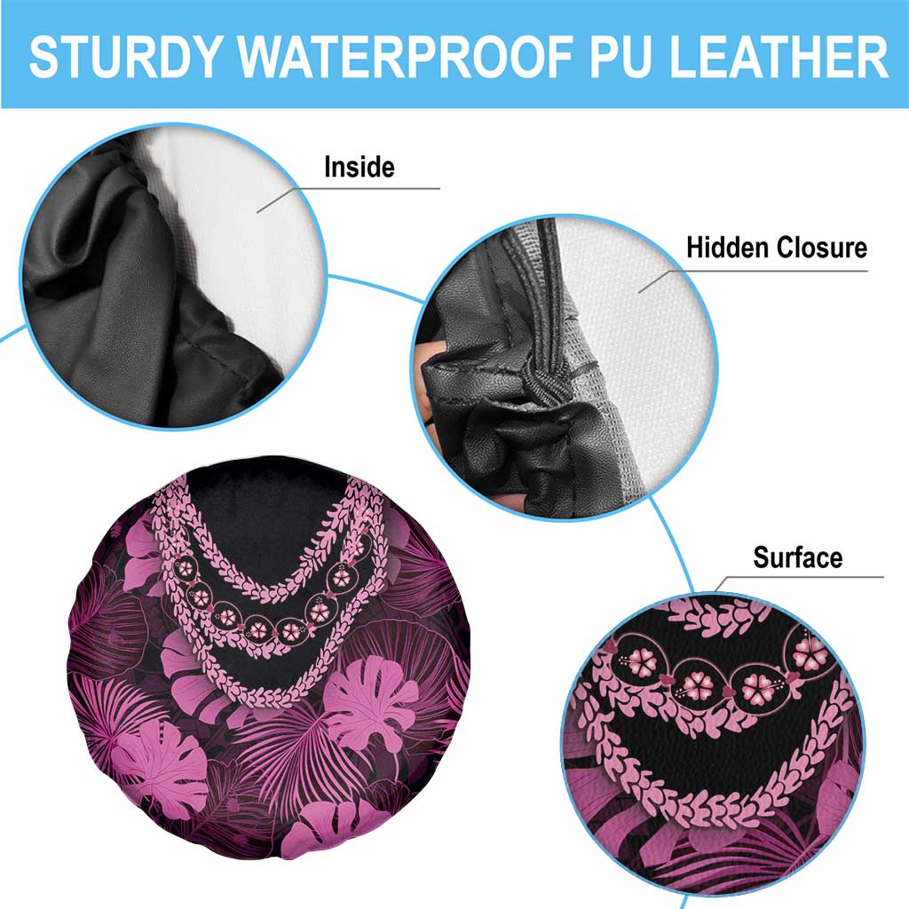 Pink Hawaii Kukui Nut Lei Spare Tire Cover Hawaiian Pattern Monstera Tropical Vibes - Polynesian Pride