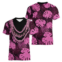 Pink Hawaii Kukui Nut Lei Women V-Neck T-Shirt Hawaiian Pattern Monstera Tropical Vibes - Polynesian Pride