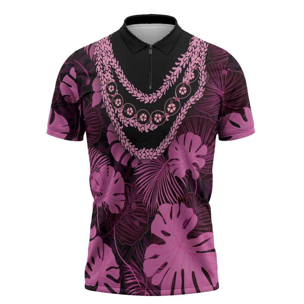 Pink Hawaii Kukui Nut Lei Zipper Polo Shirt Hawaiian Pattern Monstera Tropical Vibes - Polynesian Pride