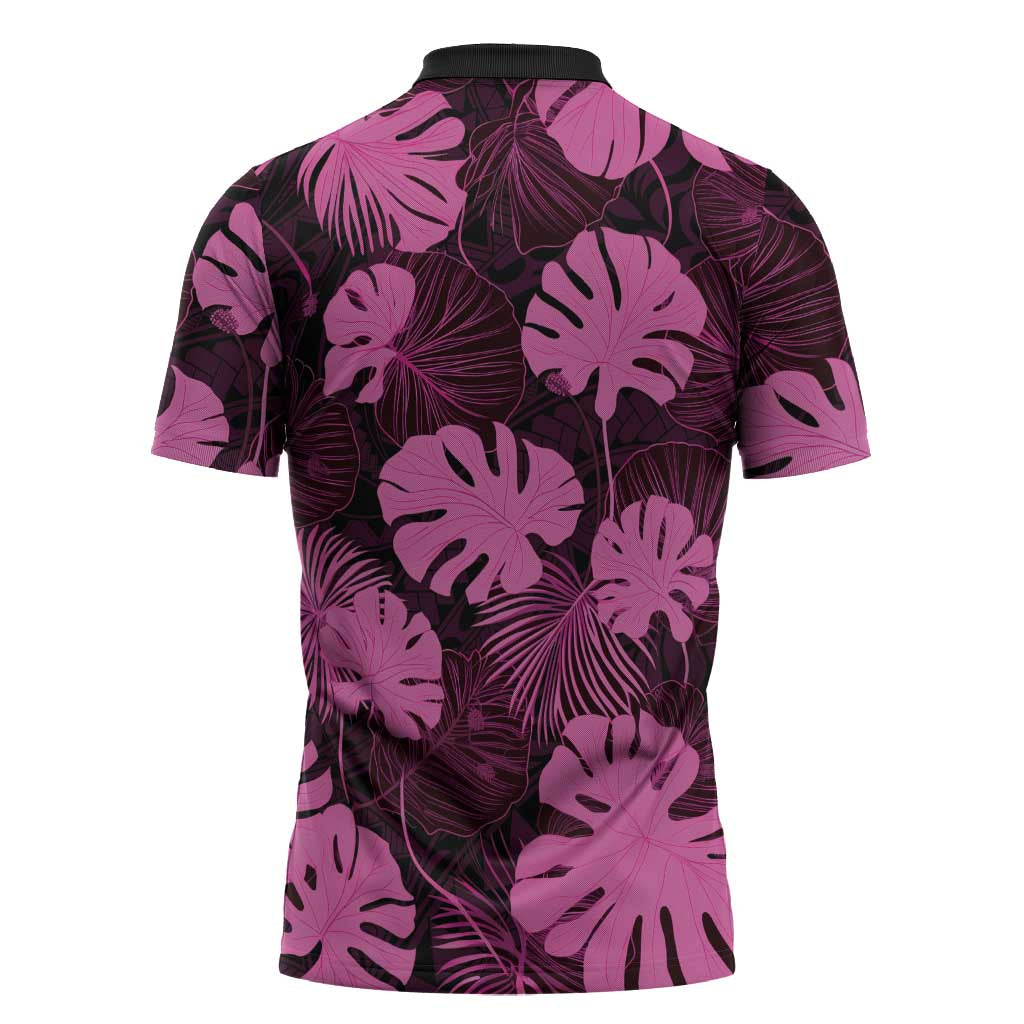 Pink Hawaii Kukui Nut Lei Zipper Polo Shirt Hawaiian Pattern Monstera Tropical Vibes - Polynesian Pride