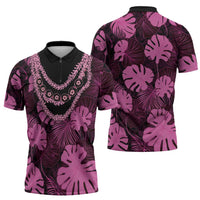 Pink Hawaii Kukui Nut Lei Zipper Polo Shirt Hawaiian Pattern Monstera Tropical Vibes - Polynesian Pride