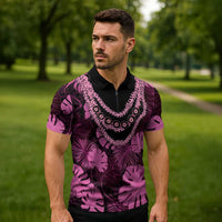 Pink Hawaii Kukui Nut Lei Zipper Polo Shirt Hawaiian Pattern Monstera Tropical Vibes - Polynesian Pride