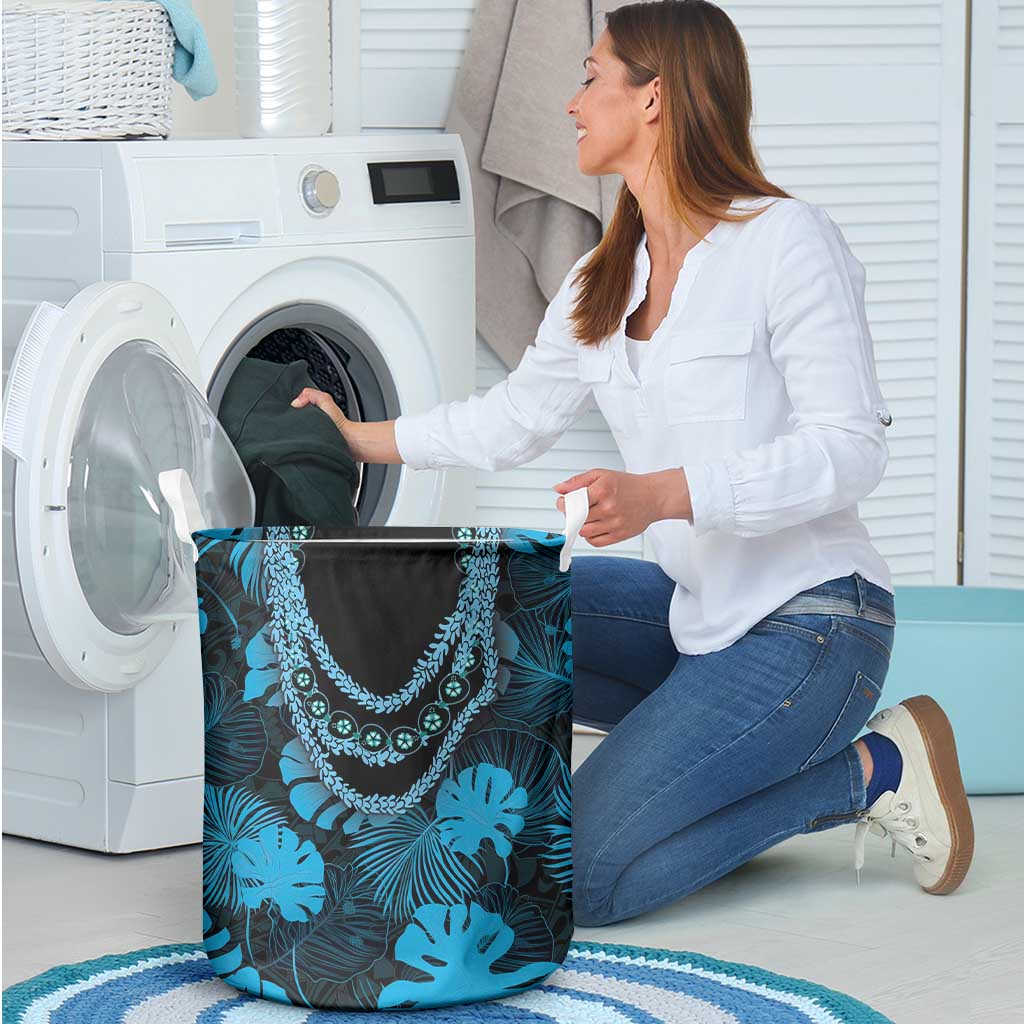 Blue Hawaii Kukui Nut Lei Laundry Basket Hawaiian Pattern Monstera Tropical Vibes - Polynesian Pride