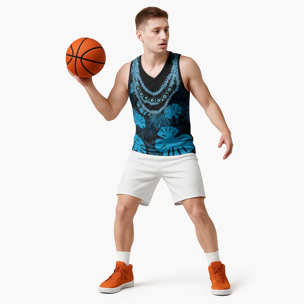 Blue Hawaii Kukui Nut Lei Basketball Jersey Hawaiian Pattern Monstera Tropical Vibes - Polynesian Pride