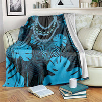 Blue Hawaii Kukui Nut Lei Blanket Hawaiian Pattern Monstera Tropical Vibes - Polynesian Pride