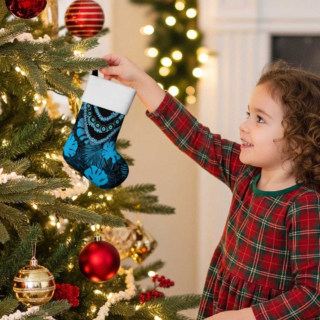 Blue Hawaii Kukui Nut Lei Christmas Stocking Hawaiian Pattern Monstera Tropical Vibes - Polynesian Pride