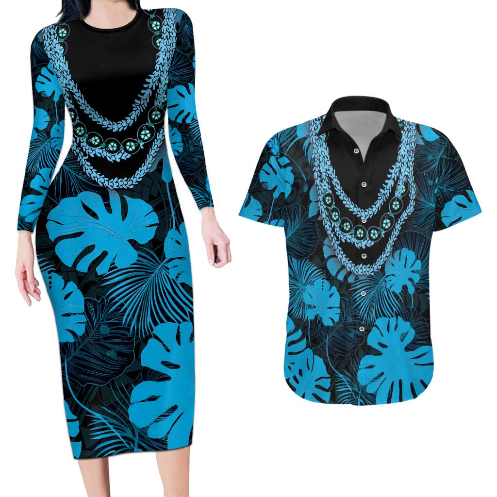 Blue Hawaii Kukui Nut Lei Couples Matching Long Sleeve Bodycon Dress and Hawaiian Shirt Hawaiian Pattern Monstera Tropical Vibes LT14 Blue - Polynesian Pride