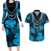 Blue Hawaii Kukui Nut Lei Couples Matching Long Sleeve Bodycon Dress and Hawaiian Shirt Hawaiian Pattern Monstera Tropical Vibes LT14 Blue - Polynesian Pride