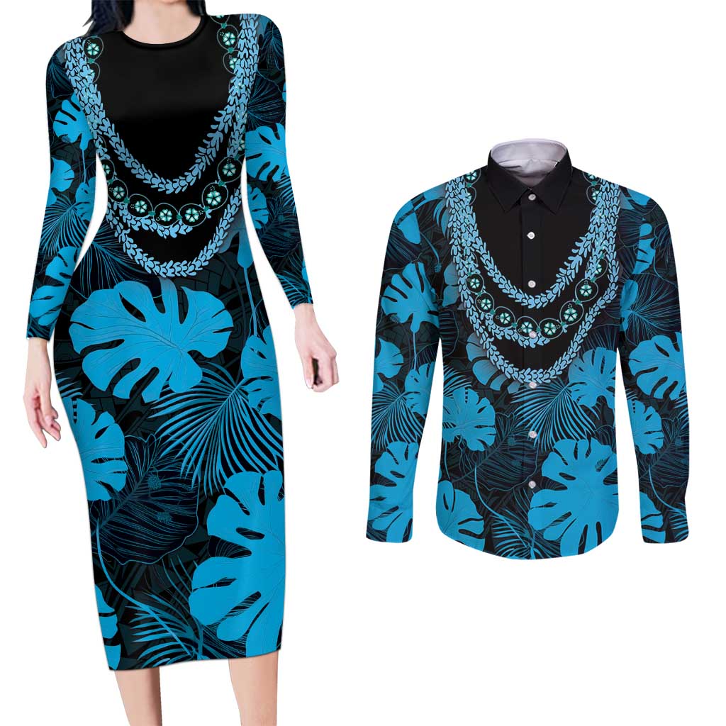 Blue Hawaii Kukui Nut Lei Couples Matching Long Sleeve Bodycon Dress and Long Sleeve Button Shirt Hawaiian Pattern Monstera Tropical Vibes LT14 Blue - Polynesian Pride
