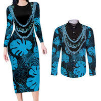 Blue Hawaii Kukui Nut Lei Couples Matching Long Sleeve Bodycon Dress and Long Sleeve Button Shirt Hawaiian Pattern Monstera Tropical Vibes LT14 Blue - Polynesian Pride