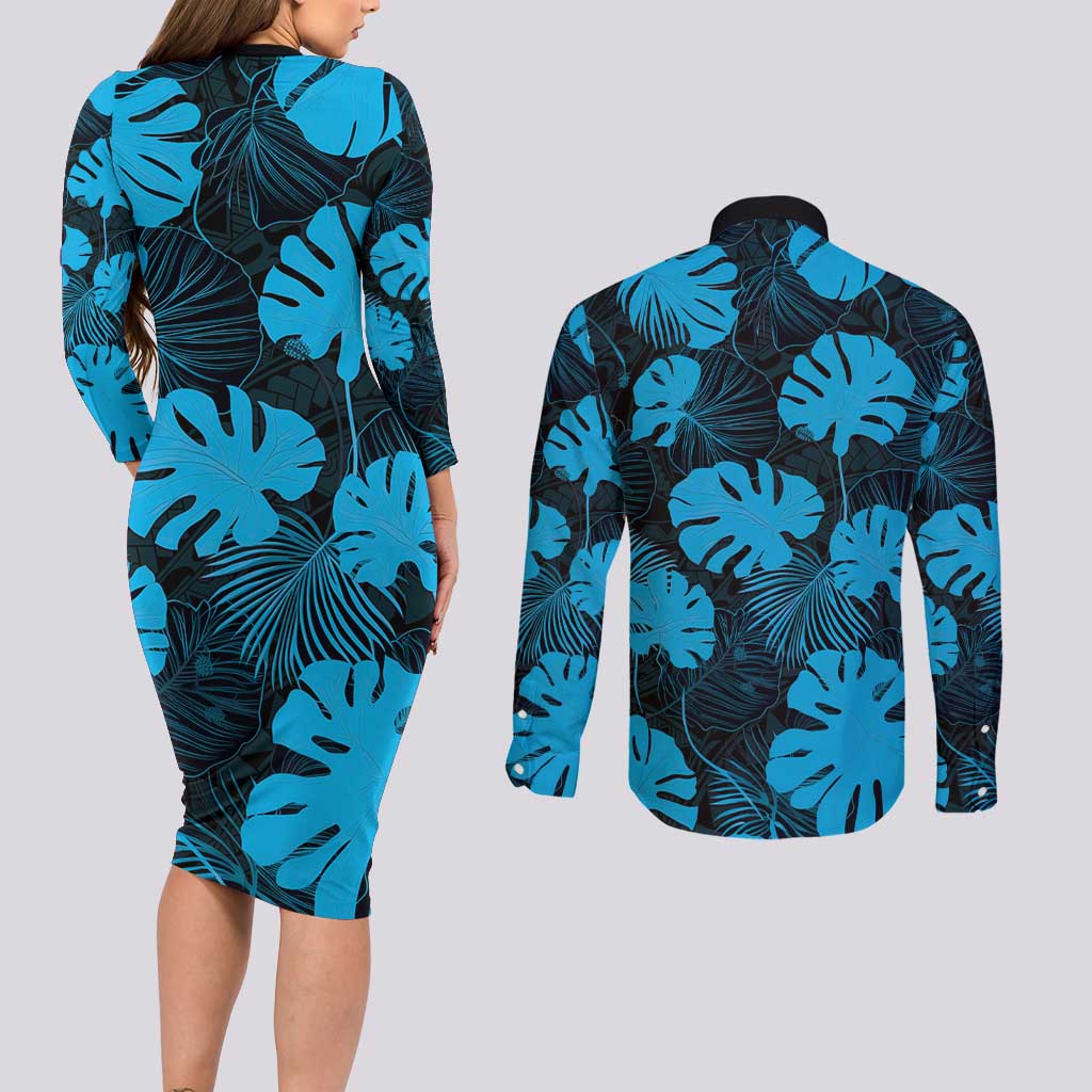 Blue Hawaii Kukui Nut Lei Couples Matching Long Sleeve Bodycon Dress and Long Sleeve Button Shirt Hawaiian Pattern Monstera Tropical Vibes LT14 - Polynesian Pride