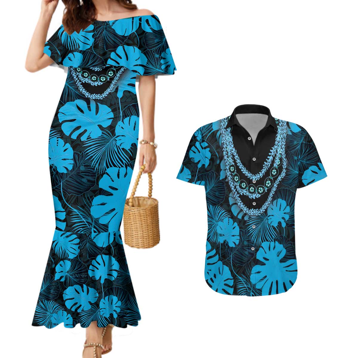 Blue Hawaii Kukui Nut Lei Couples Matching Mermaid Dress and Hawaiian Shirt Hawaiian Pattern Monstera Tropical Vibes - Polynesian Pride